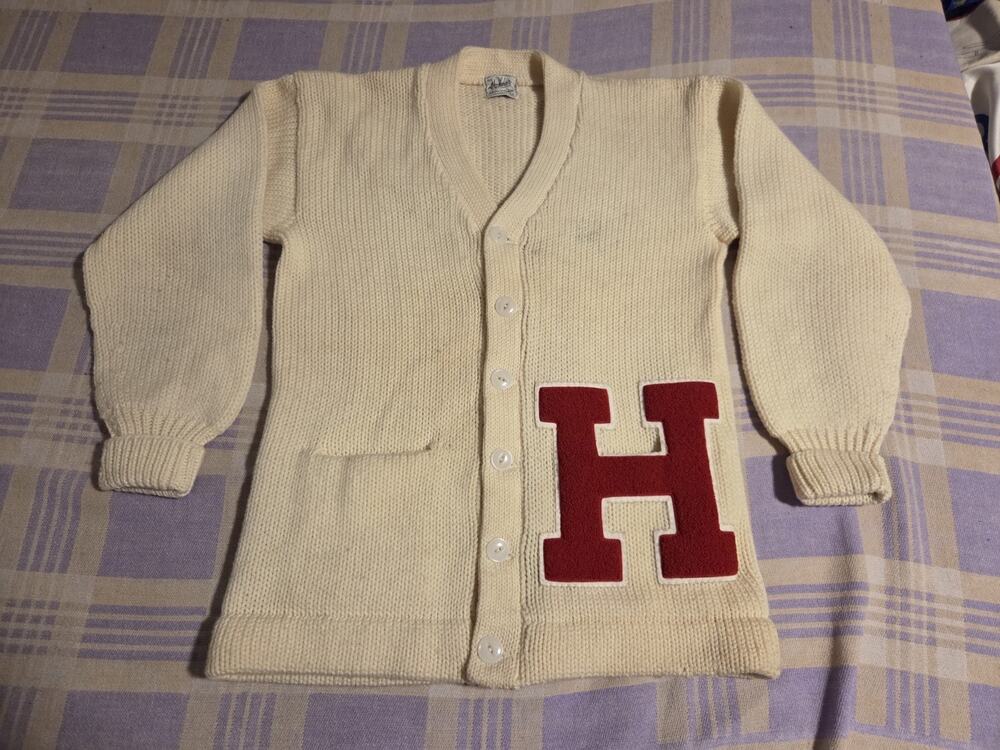 Vintage 60s 70s Letter H White Knit Letterman Cardigan Sweater Virgin Wool Rare